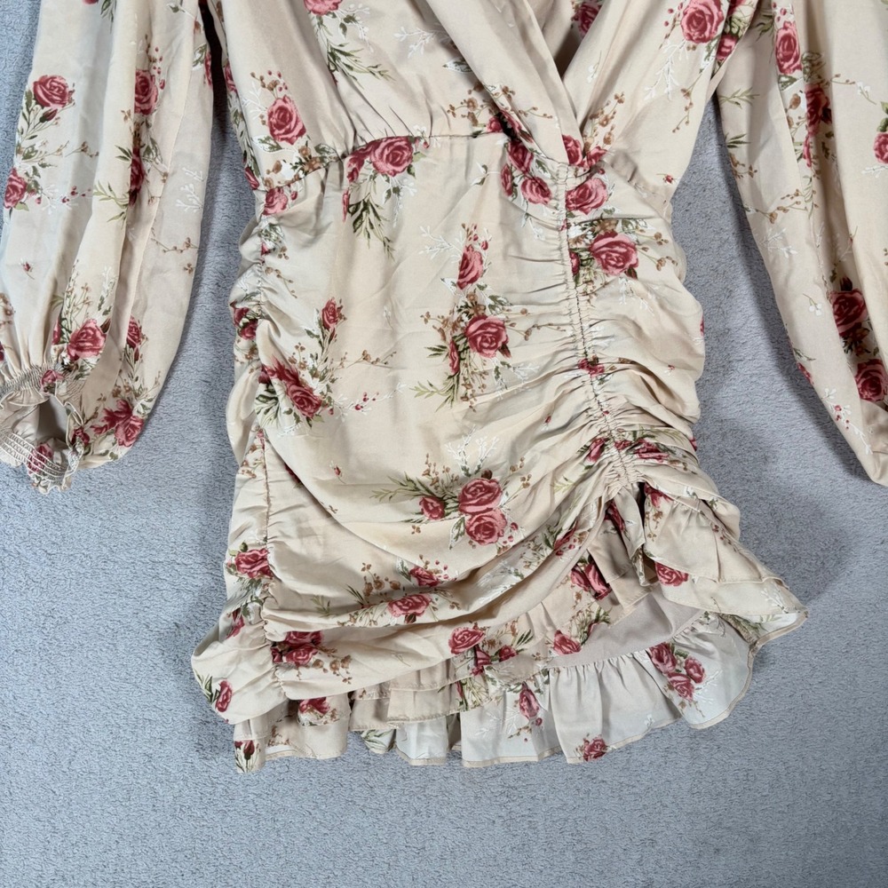 En Saison Floral Ruched Wrap Mini Dress Women's Size M‎ Beige Red Anthropologie - Picture 7 of 15